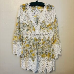 NEW POL Boho Sheer Floral Tunic Top Long Sleeve Blouse BWT331